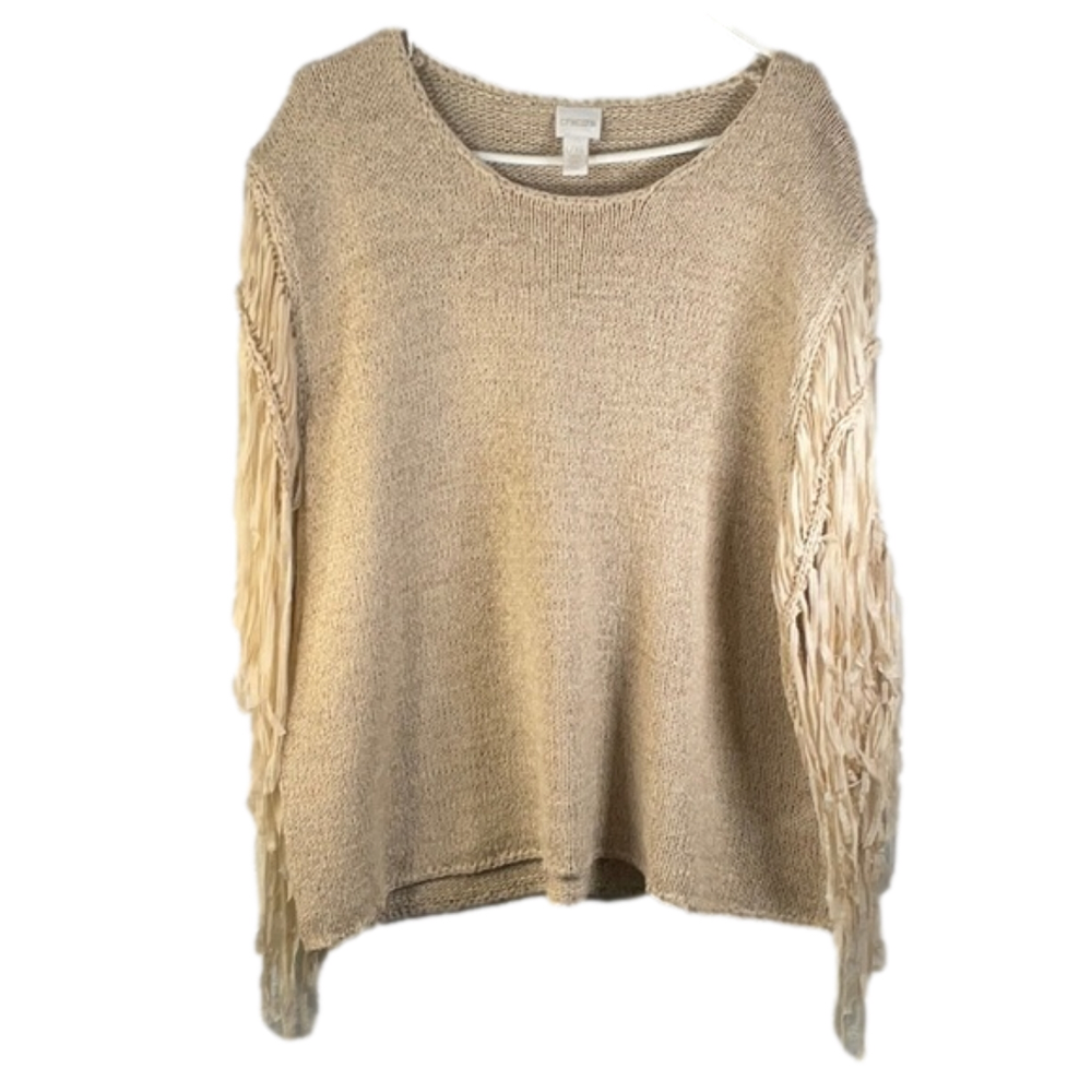 CHICO’S Fringe Sleeve Sweater Tan Size Large/XLarge